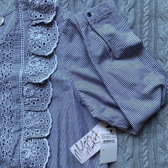 Navy Indigo Stripe Nautical Ruffle Embroidered Long Sleeve Cotton Office Blouse - Picture 9 of 13